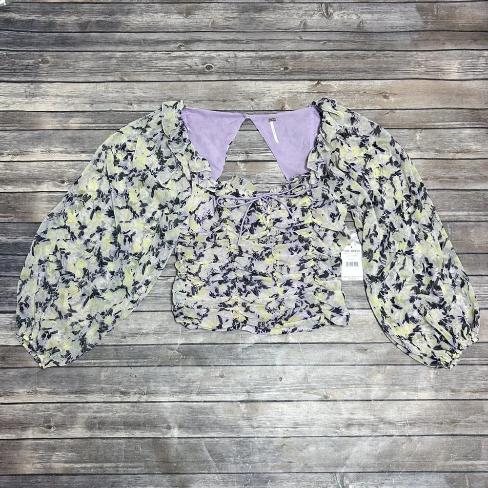 Free People Mabel Lilac Combo Purple Yellow Floral Sheer Puff Sleeve Top Large